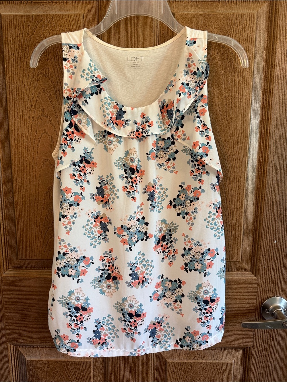 LOFT Cream Floral Ruffle Neck Sleeveless Top